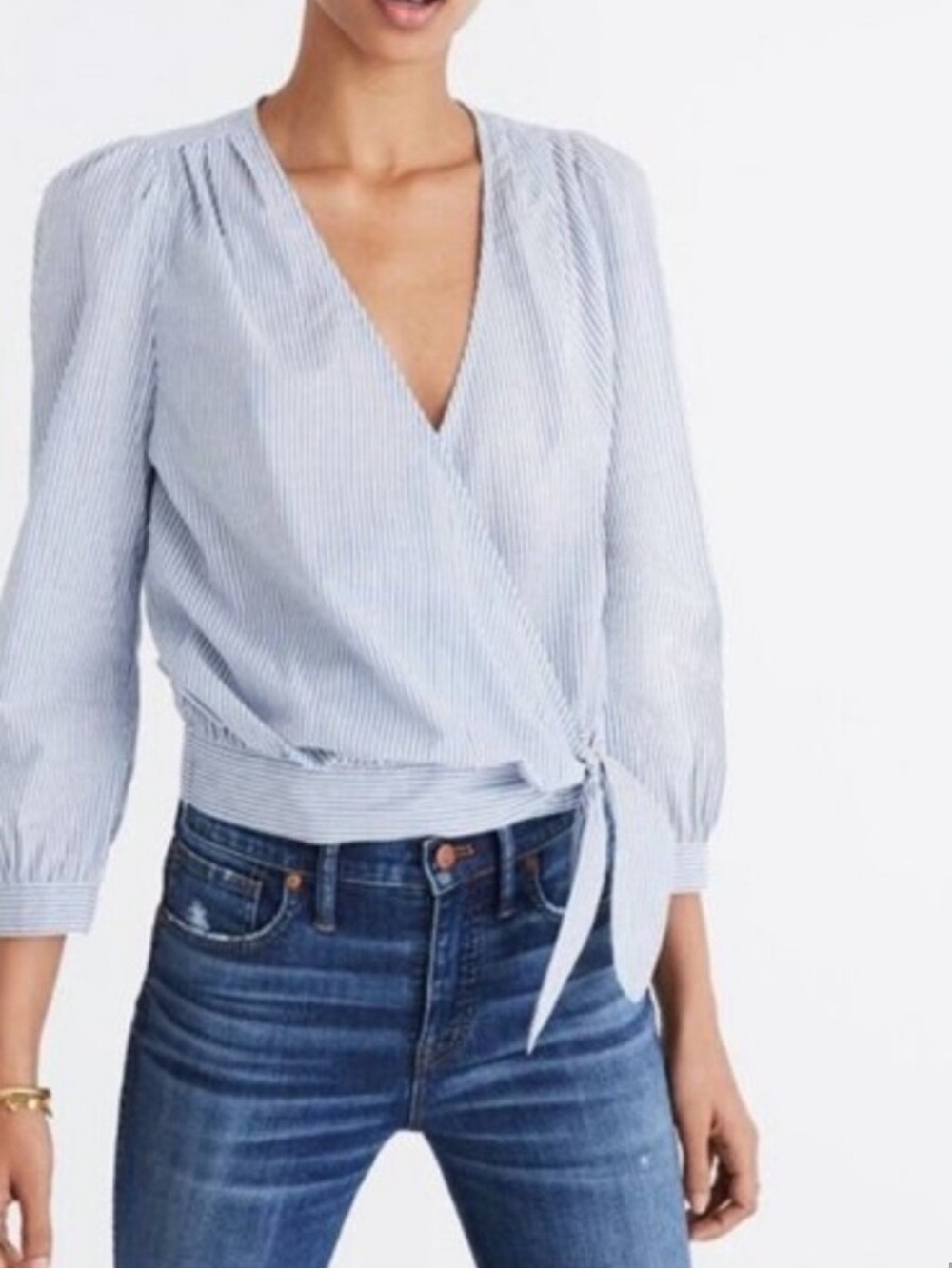 Madewell Blue and White Striped Wrap Blouse size S NWOT